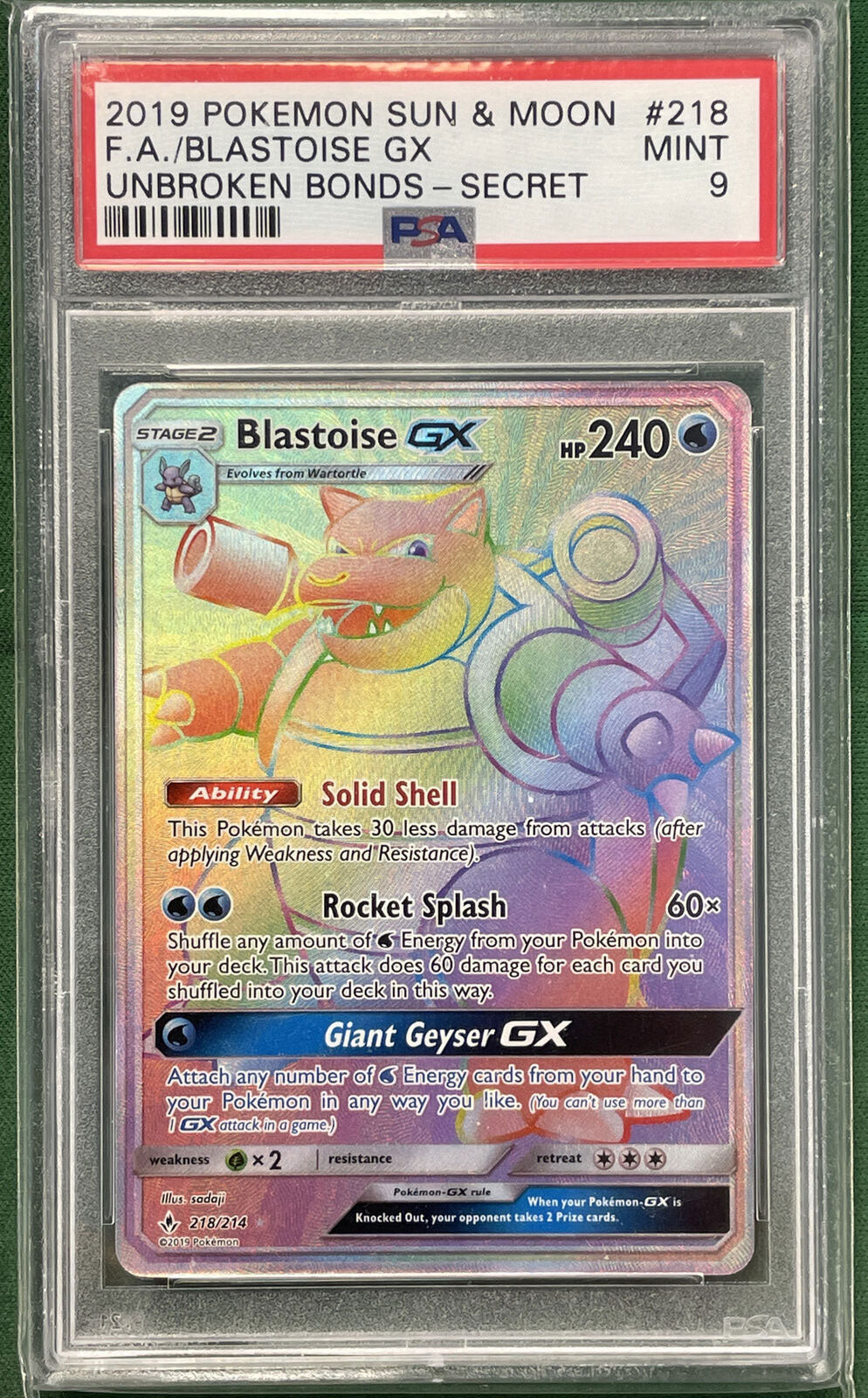 2018 Full Art/Blastoise GX #218 (SECRET) (PSA 9)